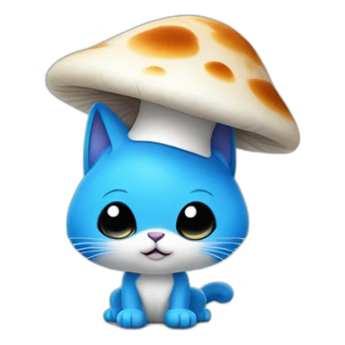 Blue smurf cat with black eyes wearing a large white mushroom as hat, no body sticker