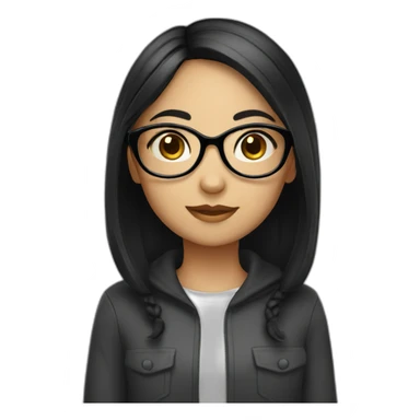 A girl wearing glasses with black hair and small eyes and round face sticker