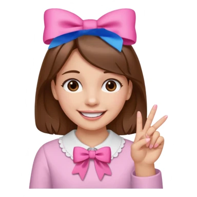 Chica con pelo marron sonriendo con un lazo rosa en la cabeza y con la punta del dedo indice entre los dientes con delicadeza y la otra mano que no salga en el emoji sticker