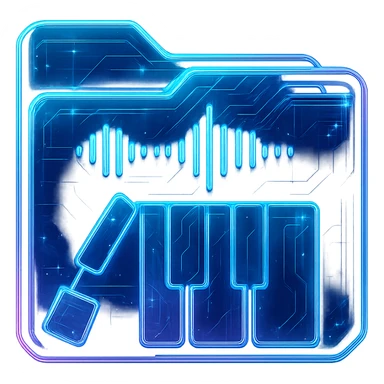 Transform the Polyphone logo into a cyberpunk, holographic style with glowing neon blue and pink edges. Add intricate circuit patterns throughout the entire icon, maintaining the recognizable keyboard and waveform design. Overlay neon and circuit effects in a futuristic, clean style consistent with cyberpunk glow and intricate circuit details. The background should be transparent to highlight the holographic and neon effects. sticker