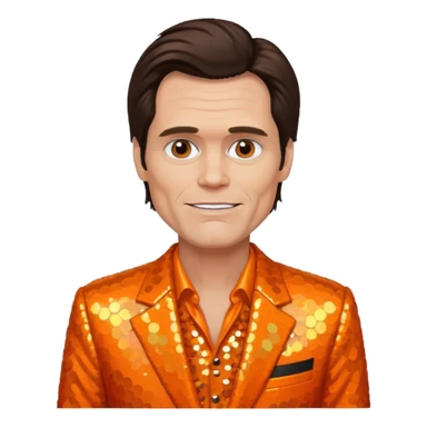 Jim Carrey with dark brown hair, orange sequin suit sticker