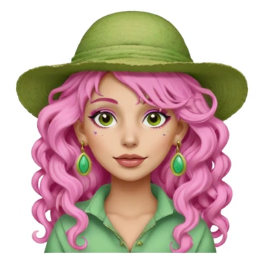 pink haired very long curly haired woman with full full face light green clay mask  and big earrings and hat with full face clay mask sticker