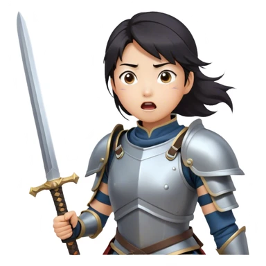 Cinematic Funny Mulan Portrait Emoji, Wearing her training armor too big, looking surprised as a sword nearly topples her over, a mix of warrior determination and hilarious inexperience, a comical yet endearing moment in her transformation! sticker