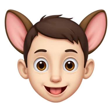 a brunette boy with small eyes with big human ears and with his tongue out sticker