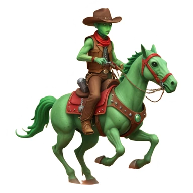 An alien cowboy riding a mechanical horse across a red Martian desert, two moons in the sky, dust storm swirling, wide cinematic shot, dramatic composition, hyper detailed, sci-fi western fusion sticker