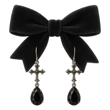 goth earrings, black velvet bow, romantic gothic, soft texture sticker