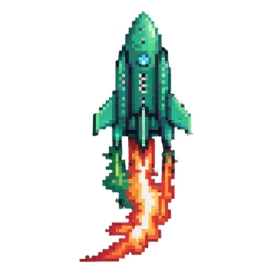 green to red gradient rocket flying diagonally to the upper right corner, with pixel art flame trail sticker