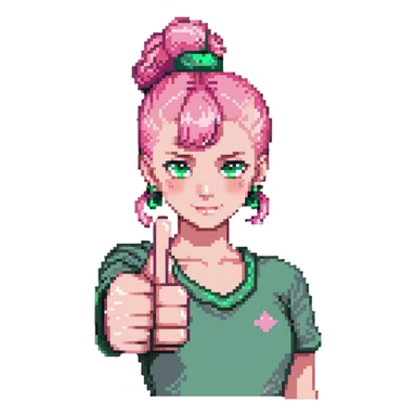 girl with pink topknot haircut and green eyes giving a thumbs up sticker
