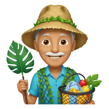 Hawaiian old man with leaf hat and big trash net and colorful cloth sticker