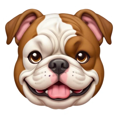 Cinematic Comical Brown and White English Bulldog Portrait Emoji, Head tilted dramatically with an exaggeratedly amused expression, featuring a striking brown and white coat with a bold pattern, wide, expressive brown eyes filled with playful disbelief, Simplified yet hilariously expressive features, highly detailed, glowing with a slightly sassy glow, high shine, dramatic yet playful, stylized with an air of cheeky defiance, bright and endearing, soft glowing outline, capturing the essence of a spirited and over-the-top guardian, so meme-worthy it feels like it could side-eye its way into internet fame instantly! sticker