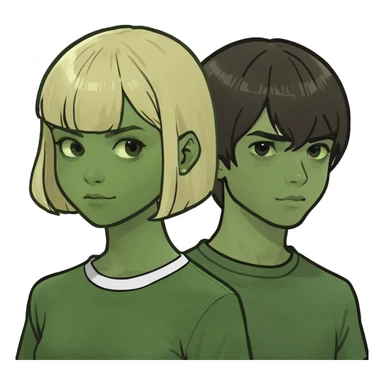 pareja chica con pelo largo marron oscuro liso , y chico con pelo tazon rubio sticker