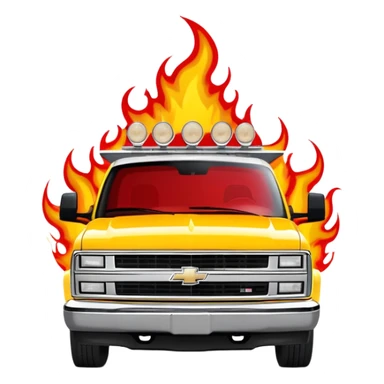 Yellow 1997 Chevrolet C-2500 Crew Cab with dramatic airbrushed red flame artwork flowing from front to sides, detailed flame design exactly like Kill Bill's Pussy Wagon, 30-degree view, iOS emoji style sticker