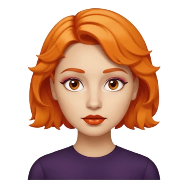 A person emoji with light skin, short orange wavy hair swept to one side, matching orange eyebrows, brown eyes, an oval-shaped face, a small nose, and dark lipstick. sticker