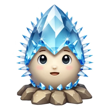 A single cute crystal rock character inspired by a clear quartz cluster, chunky round base with many tall transparent crystal spikes growing upward all around it  sticker