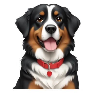 Burmese mountain dog sitting with red collar sticker