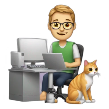 Programmer man with a cat near computer sticker