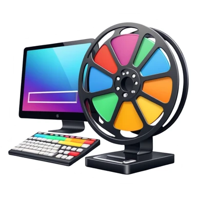 a vibrant and modern icon representing Animation and Motion Design, featuring elements like a film reel, a computer screen displaying animation, dynamic motion lines, and a cinematographic film strip on an editing table. colorful, and dynamic, without any emojis. The background  transparent. sticker