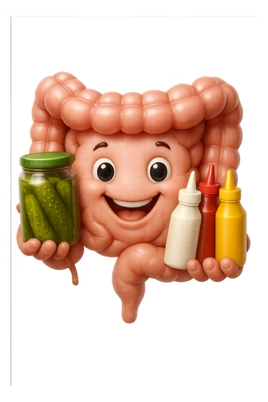 emoji stile iphone di intestino umano con espressione felice mentre tiene in mano cetriolini sottaceto, maionese, salsa barbecue, salsa, senape realistica
IPERREALISTICO 4K sticker