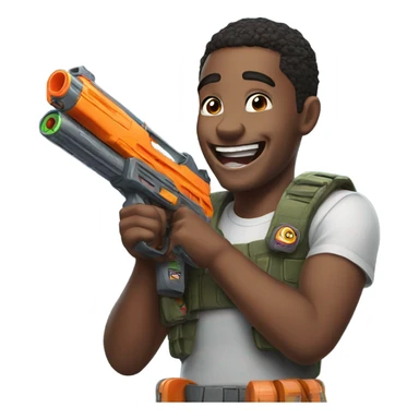 Laughing while holding a nerf gun sticker