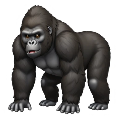 cinematic-gorilla-realistic-full-body-on-all-fours-emoji,-exuding-strength,-thick-dark-fur-in-the-light,-head-tilted-dramatically,-deep-dark-eyes-filled-with-intense-intelligence,-simplified-yet-realistic-focused-features,-highly-detailed, zoomed out friendly  sticker