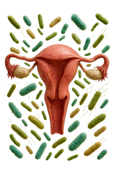 batteri intestinali fluttuano intorno ad un utero umano anatomico, iperrealistico 4k sticker