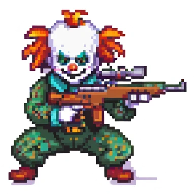 Evil clown assassin, prone and aiming a sniper rifle, pixel art style, retro video game look, simple colors, transparent background. sticker