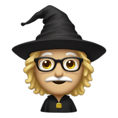AA man with blond hair and a mustache, wearing a black squared shaped eye glasses, wizard hat, black  robe sticker