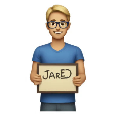 a male person, wearing blue glasses, holding a sign that says jared james sticker