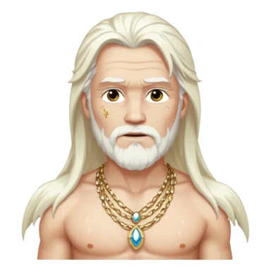 Odin with long white hair, white sequin loincloth, shirtless with necklace sticker