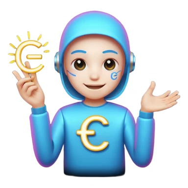 Tiny smiling cyber creature made of neon lines, holding a small glowing C symbol, with little sparks around it. sticker