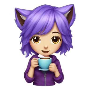 Purple haired fox girl with one eye blue and the other purple, drinking coffe sticker
