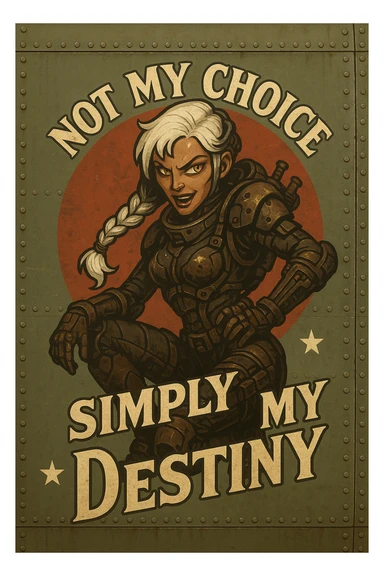 a retro military pinup fuselage decoration for the motto " not my choice, simply my destiny "
; female figure young and gorgeous, white hair 1 braid, gold yellow eyes, spacer, fierce, exo-rogue, menacing yet taunting sticker