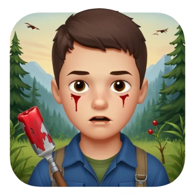 13 y/o Brian robeson at the beginning of Hatchet
determined, has hatchet, self-reliant, observant survivalist, berry juice on his lips, bug bites on cheeks, white boy, no bleeding or big cuts sticker