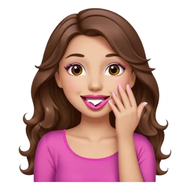 girl with long wavy brown hair, brown eyes, long lashes makeup, pink lips, light to medium complexion, pink sexy top, smiling, hand covering mouth, giggling sticker