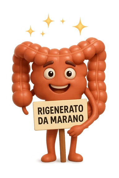 fammi un intestino identico a questo, ma felice e con le scintille di splendore dorate sopra, si sta rinnovando come se fosse in ottima salute, in mano ha un cartello con la scritta "RIGENERATO DA MARANO" sticker