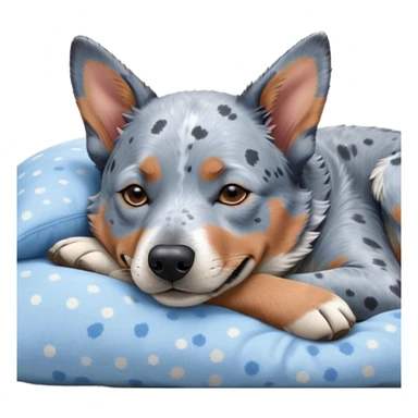 Meme-Worthy Cute Sleeping Blue Speckle Australian Cattle Dog Portrait Emoji, Head resting peacefully with a contented smile, showcasing a robust build and a luxuriously soft blue speckle Fur, eyes shut in a serene nap, Simplified yet hilariously adorable features, highly detailed, glowing with a soft, drowsy light, high shine, relaxed and utterly lovable, stylized with an air of playful laziness, bright and heartwarming, soft glowing outline, capturing the essence of a comically sleepy herder, so meme-worthy it feels like it could instantly become the next viral sensation of adorable slumber! sticker