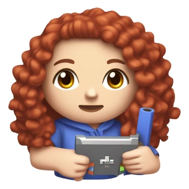 a white girl with long red curly hair, wearing periwinkle Minecraft hoodie playing a videogame sticker