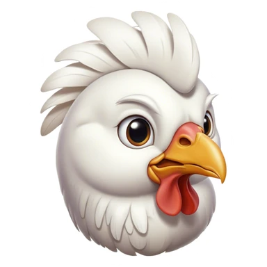 Cinematic Noble White Chicken Portrait Emoji, Poised and regal, with a compact, sturdy build and a pristine, well-groomed pure white plumage, deep-set soulful beady eyes, Simplified yet sharp and sophisticated features, highly detailed, glowing with a soft, dignified glow, high shine, intelligent and alert, stylized with an air of barnyard elegance, focused and attentive, soft glowing outline, capturing the essence of a watchful and confident fowl, so majestic it feels as though it could strut out of the screen with effortless authority! sticker