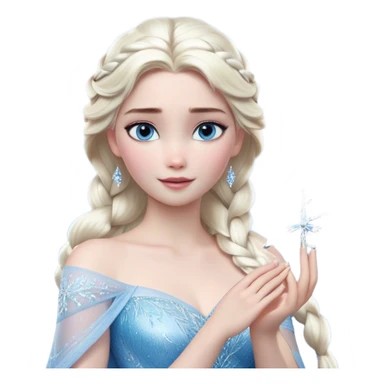 Cinematic Realistic Elsa Portrait, depicted with lifelike skin texture, soft natural lighting, and intricately detailed platinum blonde hair styled elegantly. Her striking, expressive blue eyes exude confidence and grace, complemented by a serene and regal expression. She holds a shimmering snowflake delicately in one hand, her other hand resting against her gown, embodying the power and beauty of winter. She is dressed in her signature icy attire, with shimmering fabric textures and delicate folds that catch the light beautifully. The portrait features a soft, enchanting glow with a cool, radiant finish, capturing the essence of timeless elegance in a realistic and painterly style. sticker