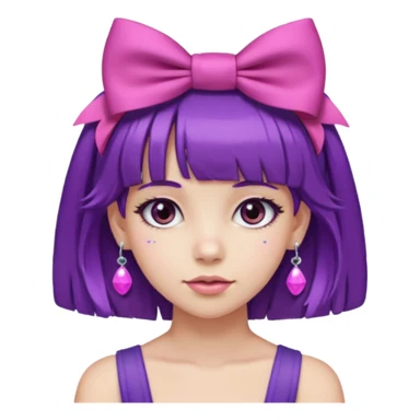 girl with bangs and purple hair and pink hairbow on the side of head and earrings sticker