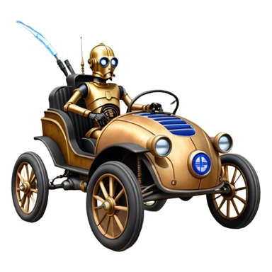 Old American West tarnished R2D2 C-3PO bounty hunter 1854 delicately ornate rosegold accents painted dune buggy buckboard wagon powered by electric motors and batteries with safety features and belts flying rapidly across rough dusty terrain stable on strong agile steampunk suspension and steering  sticker