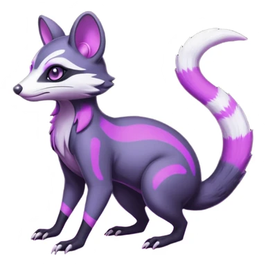 Obsidian-onyx-black and glowing neon-purple, shiny blind eyes, magical fantasy-Genet-Sentret-Marsupial-Possum-Vernid-Sergal-Fakémon-hybrid, by LiLaiRa-griffsnuff, full body sticker