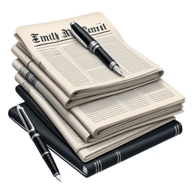 Create an emoji representing journalism and publicistic writing. The design should feature a stack of newspapers as the base, with an open working notebook placed on top of them. A single fountain pen should rest on the very top of the notebook, symbolizing the act of writing. Use neutral, professional colors like black, white, and muted tones to convey a sense of seriousness and intellect. Do not include any emojis or smiley faces. Make the background transparent. sticker
