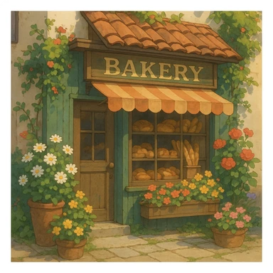 small bakery storefront with flowers, ghibli style sticker