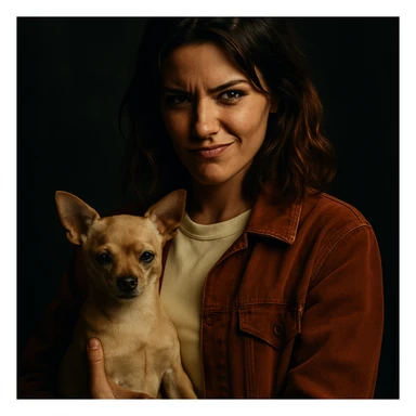 portrait style Netflix series, woman with tanned skin, subtle freckles, pale yellow shirt color #FFF8CA, rust-colored jacket, medium-length brown hair with auburn highlights, rebellious and playful expression, holding a beige-brown chihuahua, dark background, dramatic atmosphere, cinematic lighting sticker