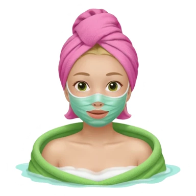 a girl with a facial mask green with a pink towel and a bath  sticker