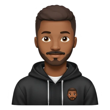 African yound man in his late 20s with a wink and  full short boxed beard and moutache , crew cut hair style, black hoody sticker