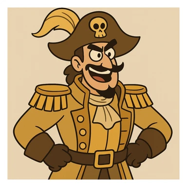 a pirate in a golden uniform and a hat with a golden feather, cartoon style, bold lines sticker