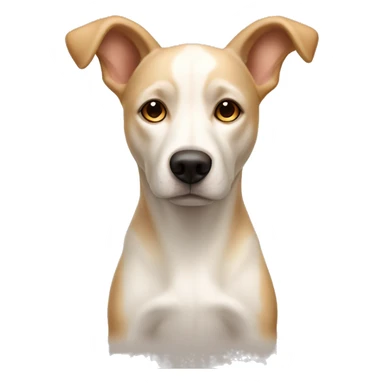 cream white colored dog, pointy ears, brown eyes, light brown nose sticker