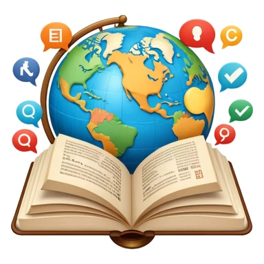 An icon featuring an open book with speech bubbles showing different alphabets—Latin, Cyrillic, Kanji. A globe and translation arrows symbolize global communication and language learning. Transparent background highlights cultural exchange and linguistic diversity. sticker